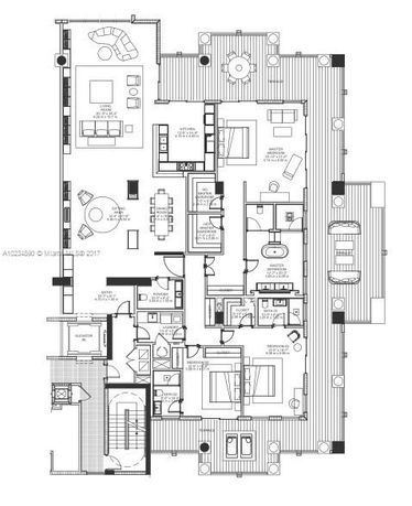 Detailed floor plan layout of a residential building with multiple rooms including a living room, dining area, bedrooms, bathrooms, and outdoor spaces.