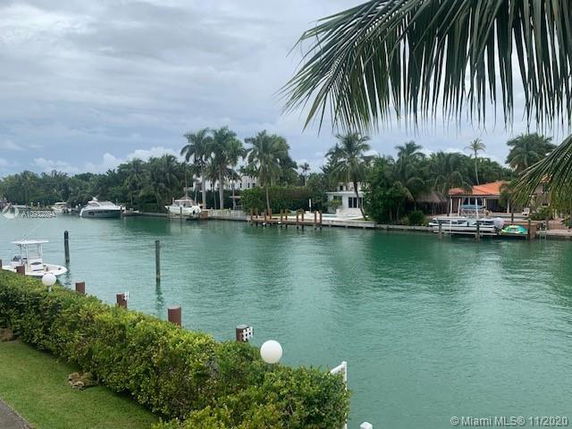Waterfront view with boats and palm trees along the canal.