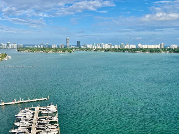 Wide angle view of a body of water with boats docked and a city skyline in the background.