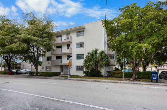Front view of a multi-story residential building.