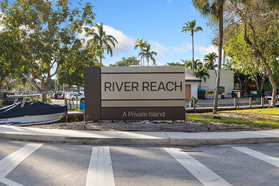 Entrance sign for River Reach, a private island.