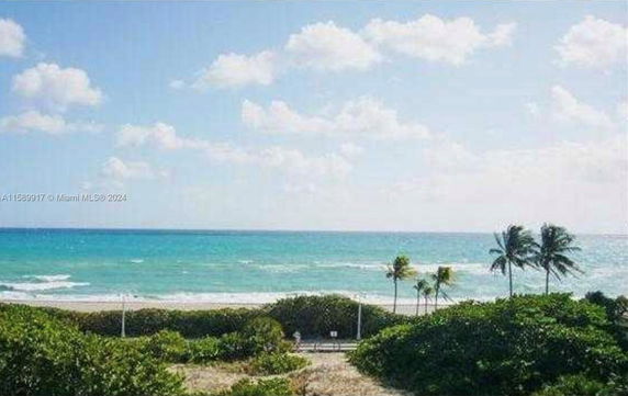 Panoramic view of the ocean with palm trees and greenery.