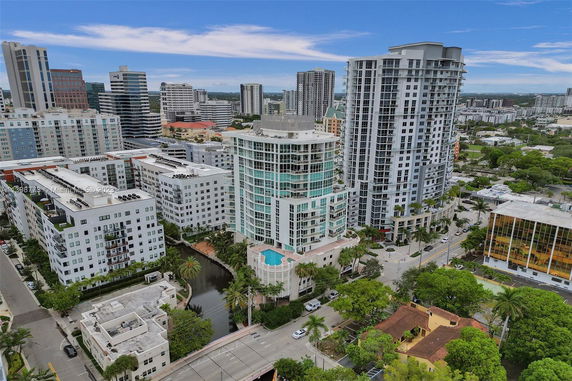 Aerial view of a cityscape with high-rise buildings and surrounding areas.