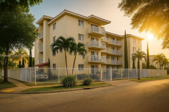 Front view of a four-story apartment building with balconies and surrounded by a fence.