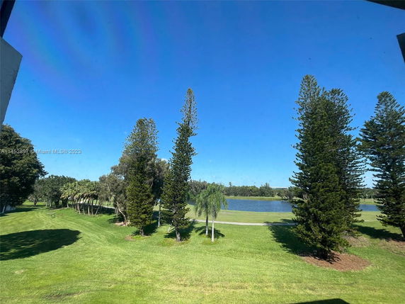 View of a grassy area with trees and a pond in the distance.