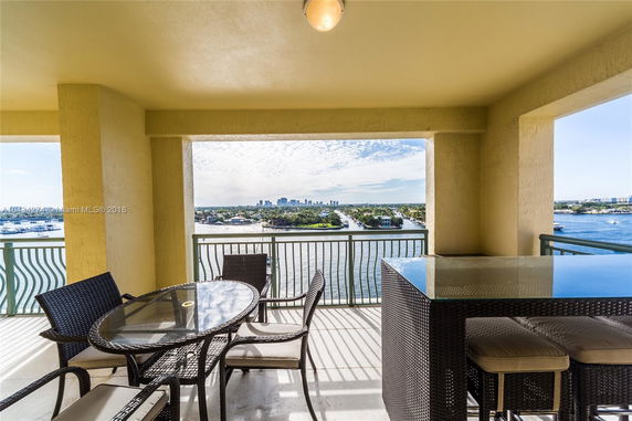 Balcony with outdoor furniture overlooking water and city skyline.
