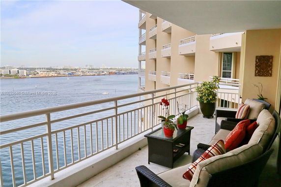 Balcony view from a building with seating, overlooking water and cityscape.