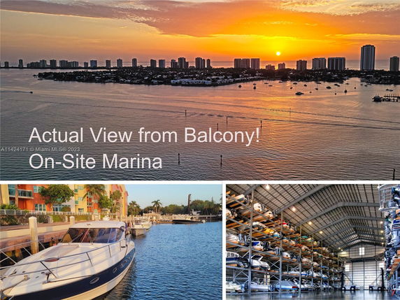 Panoramic view of a marina at sunset with buildings in the background.