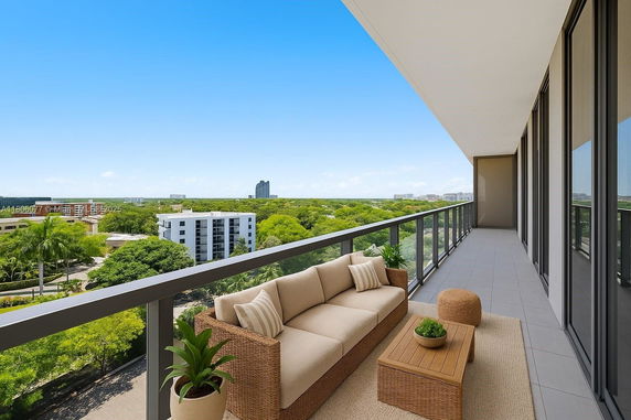 Balcony with outdoor seating and a panoramic view of surrounding areas.