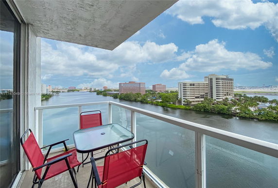 Balcony view overlooking a river and nearby buildings.