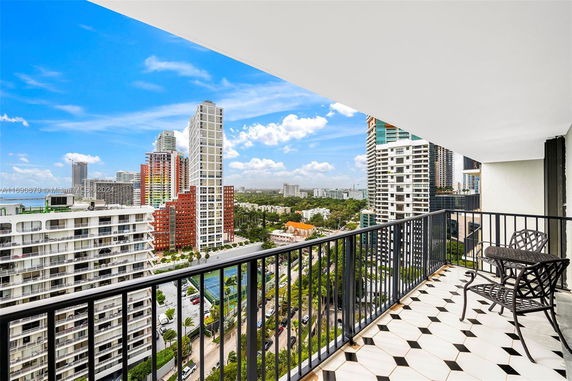 View from a high-rise balcony overlooking other tall buildings and cityscape.