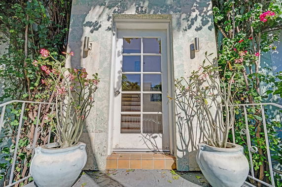 Front entrance of a building with decorative potted plants and a glass door.