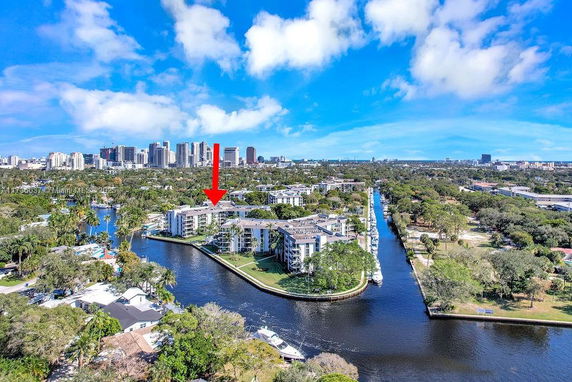 Aerial view of a waterway surrounded by residential buildings and greenery with a city skyline in the distance.