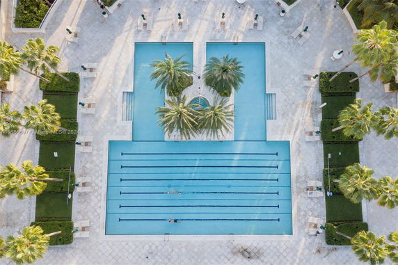 Top view of a large outdoor swimming pool area with palm trees and lounge chairs.