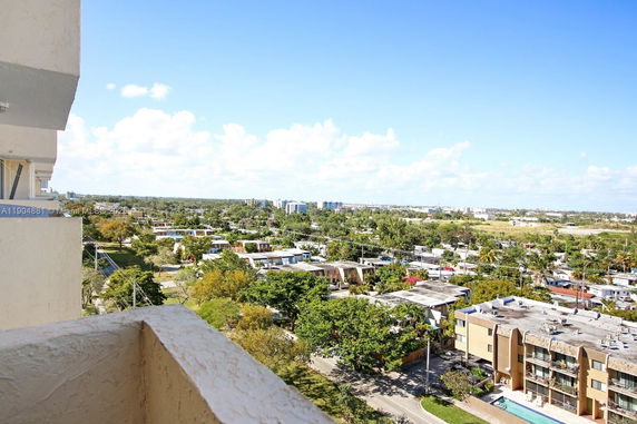 Panoramic view of a cityscape from a building balcony, showing residential and commercial areas.