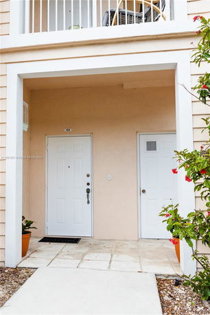 Front view of a residential entrance with two doors and a tiled porch.