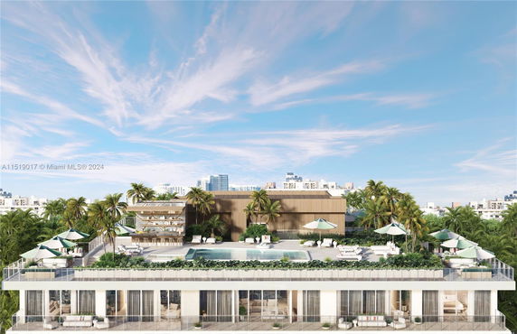 Rooftop with swimming pool and lounge area on a multi-story building.