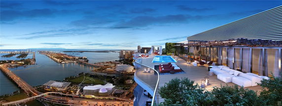 Panoramic view from a modern rooftop terrace featuring a swimming pool overlooking a coastal cityscape at dusk.