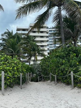 Front view of a multi-story building partially obscured by palm trees and greenery.