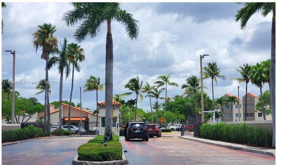 View of a road lined with palm trees and residential buildings on a cloudy day.
