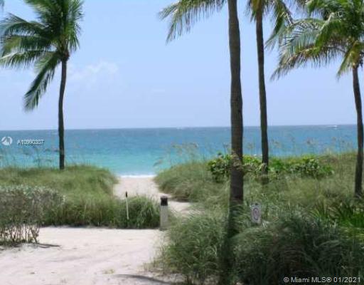 A sandy path leading to the beach with palm trees and the ocean visible in the background.