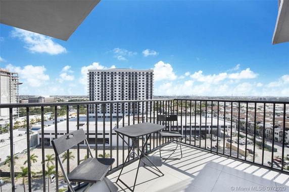 Balcony view overlooking cityscape with high-rise building in the distance