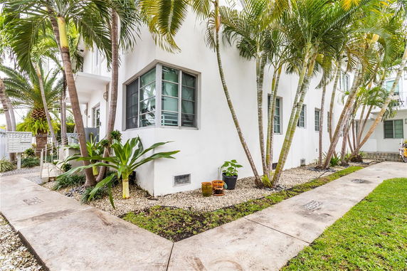 Side view of a white building with multiple windows and surrounded by palm trees.