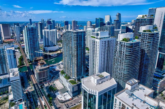 Panoramic view of a cityscape with multiple high-rise buildings.