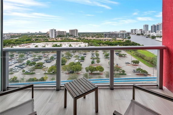 Panoramic view from a high-rise building showing a cityscape with multiple buildings and a river in the distance.