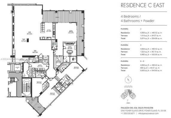 Floor plan of a residence labeled 'Residence C East', featuring 4 bedrooms, 4 bathrooms, and a powder room.