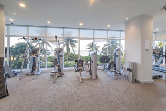 Indoor gym area with exercise machines and large windows overlooking palm trees.
