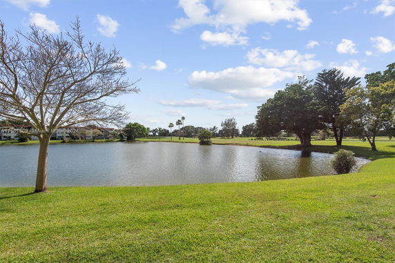 Scenic view of a pond surrounded by grass and trees.