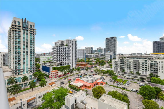 View of a cityscape with multiple modern high-rise buildings and surrounding streets.