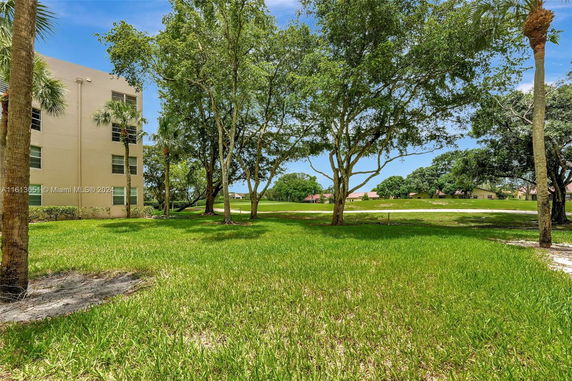 View of a grassy area with several trees and a multi-story building in the background.