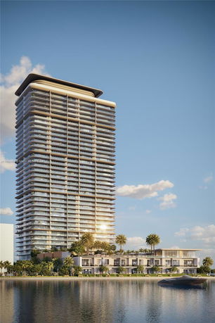 Front view of a high-rise building with multiple balconies and modern design elements.