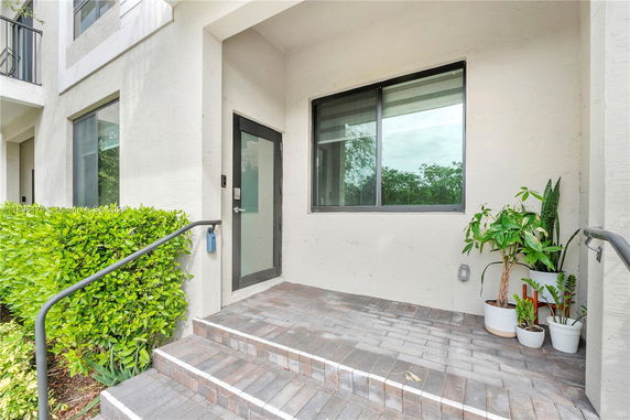 Entryway of a house with a glass door and a window beside it, including a few potted plants on the steps.