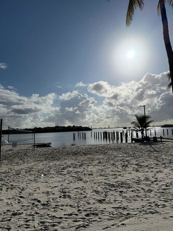Sandy beach with a view of the sea, palm trees, and a bright sun.