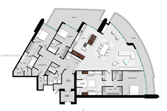 Architectural floor plan of a multi-bedroom apartment with balconies.