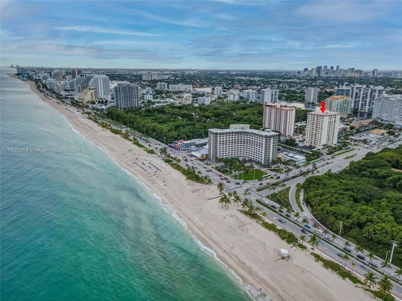 Panoramic view of a coastal area with beachfront buildings and cityscape.