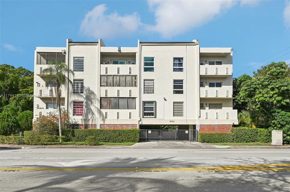 Front view of a multi-story apartment building
