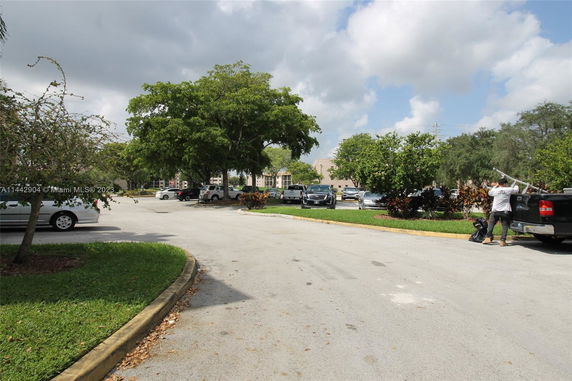 Outdoor parking area with several vehicles and trees.