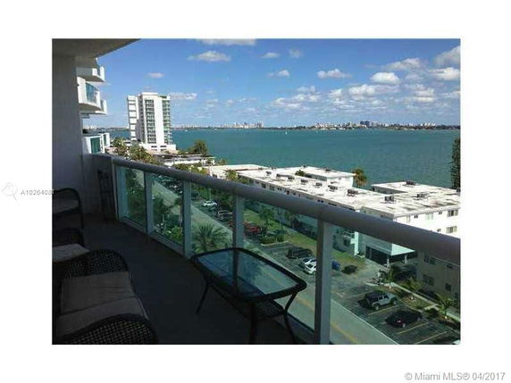 Balcony view of a body of water and surrounding buildings.