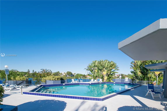 Outdoor swimming pool with lounge chairs and surrounding foliage.