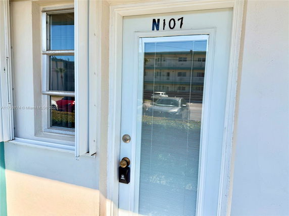 Front view of a building entrance with a white door labeled N107 and a small window.