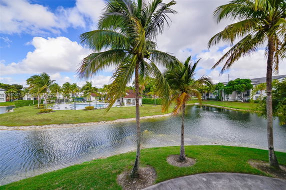 View of palm trees, water, and buildings in a residential area.