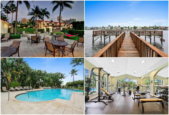 Composite image showing an outdoor seating area with palm trees, a wooden dock over water, a swimming pool, and an indoor gym.