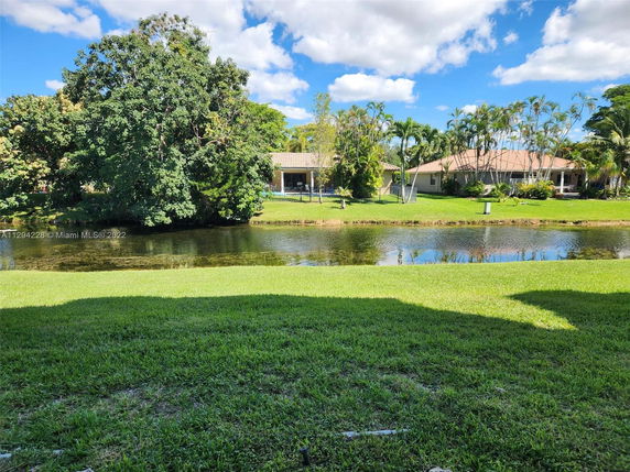 View of houses and trees across a small body of water.