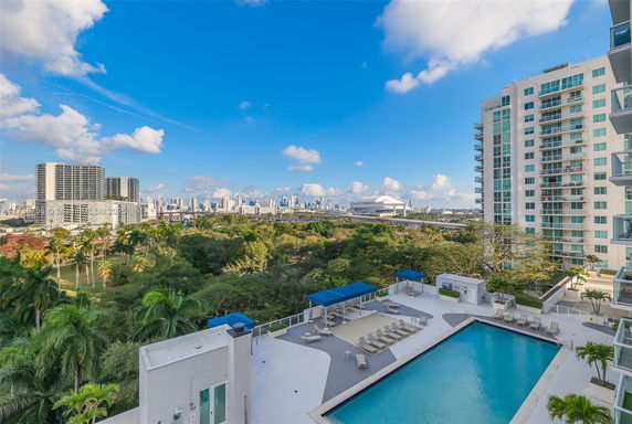 Panoramic view from a building overlooking a swimming pool and cityscape in the distance.