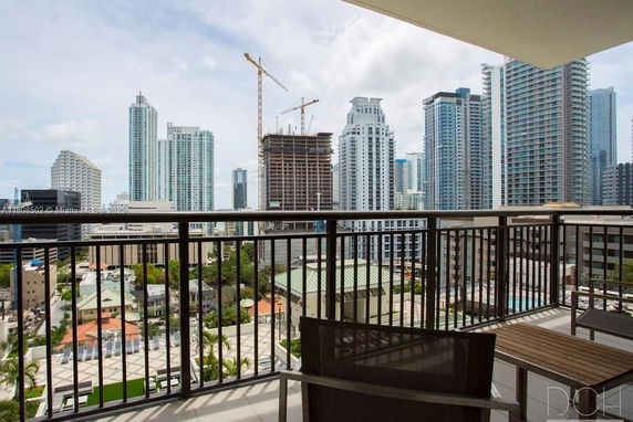 Panoramic view of a city skyline from a balcony.