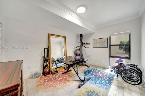 Room with exercise equipment, a mirror, and a colorful rug.